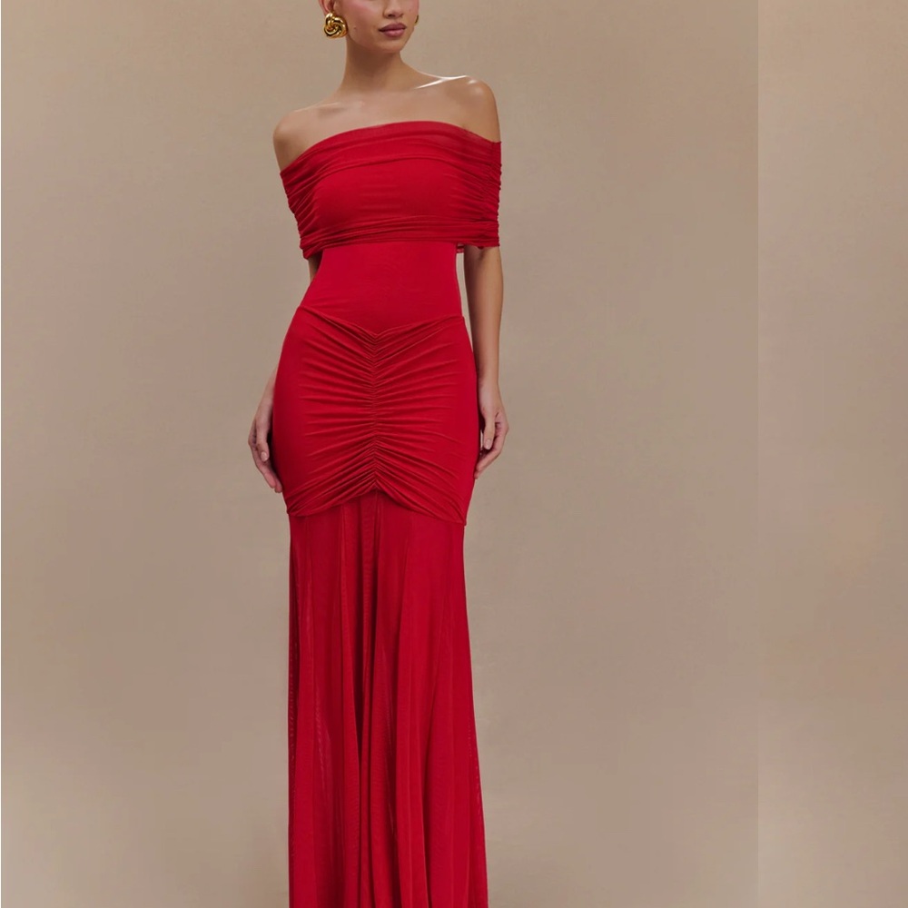 Meshki Red Off-Shoulder Ruched Maxi Dress